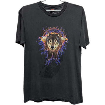 90's Flaming Wolf & Eagle Black Harley Davidson T-shirt sz L