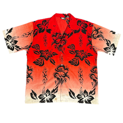 Red Hawaiian Tribal Print Short Sleeve Button Down Shirt sz L