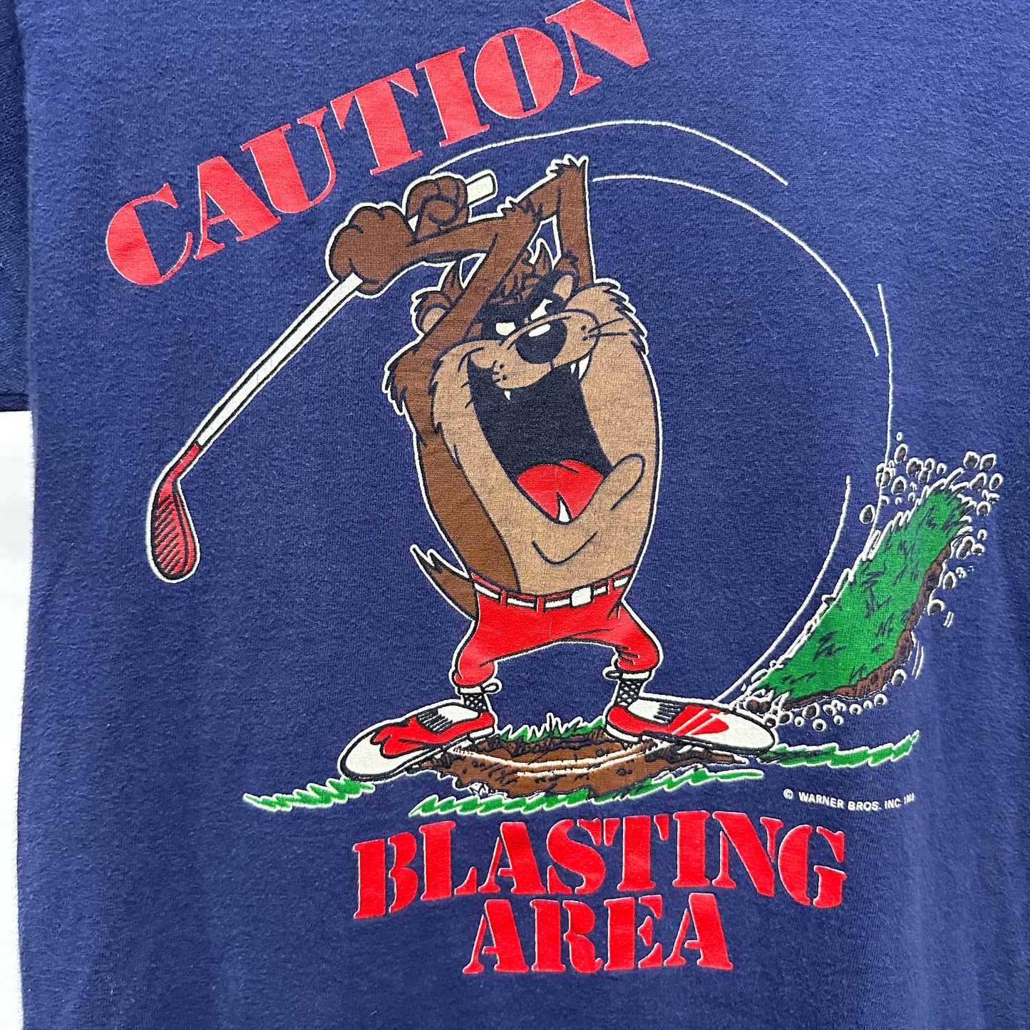 '89 Taz "Caution Blasting Area" Golf Navy Cartoon T-shirt sz S