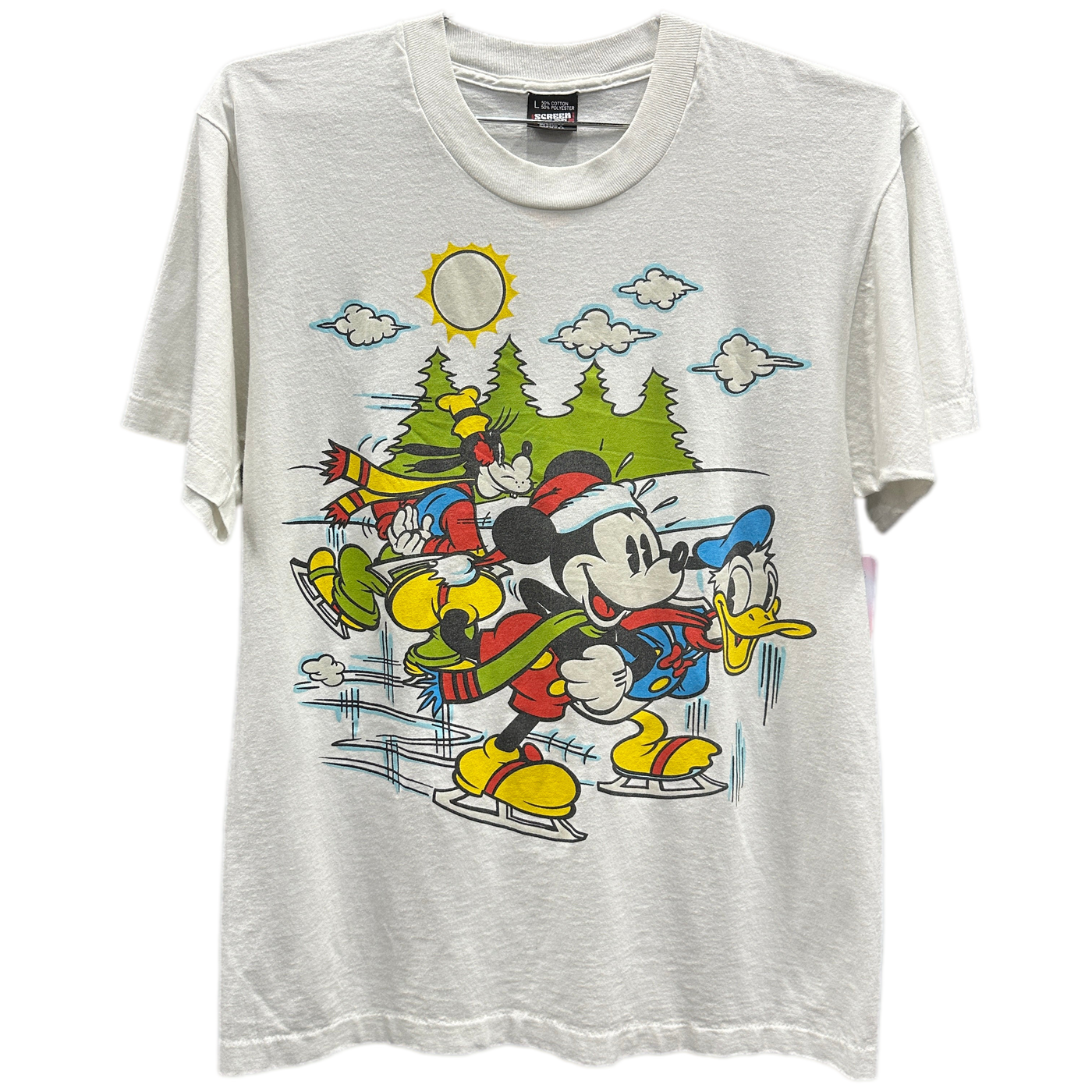 90's Mickey Mouse Snow Skiing White Cartoon T-shirt sz L