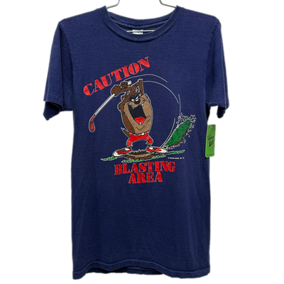 '89 Taz "Caution Blasting Area" Golf Navy Cartoon T-shirt sz S