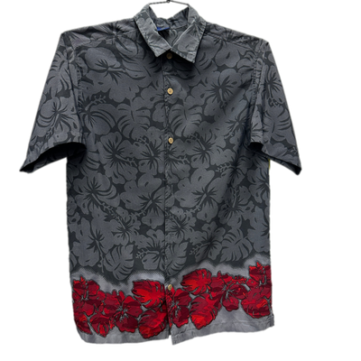 90's Red Hawaiian Flower Trim Grey Vintage Shirt sz L