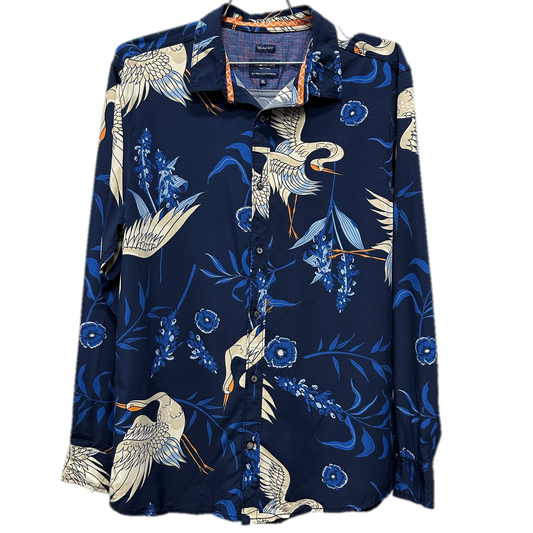 90's Swan Print Button Down Blue Vintage Shirt sz XL