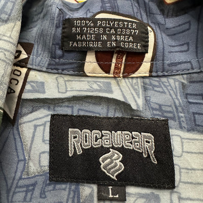 90's Rocawear Logo Road Sign Pattern Blue Vintage Shirt sz L