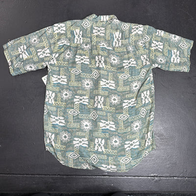 Green Silk Print Short Sleeve Button Down Shirt sz M