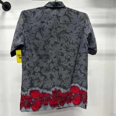 90's Red Hawaiian Flower Trim Grey Vintage Shirt sz L